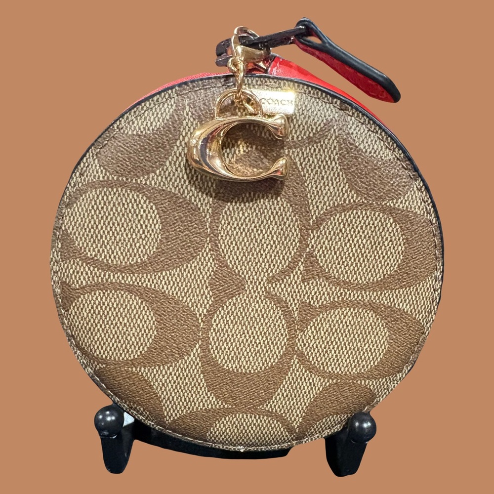 Coach Mini Round Wristlet with Red Trim